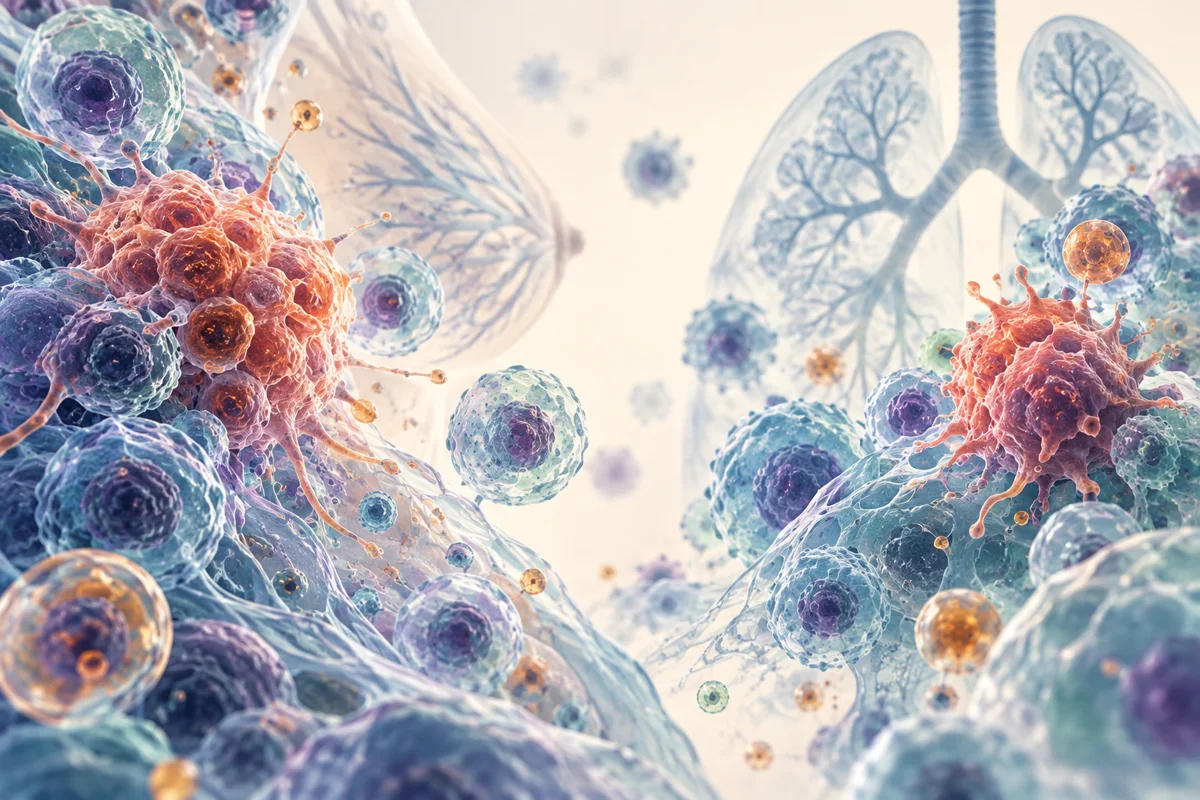 Illustrative microscopic cells in blue and coral